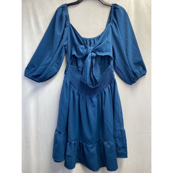 iGENJUN Off Shoulders Lantern Sleeve Smocked Backless A-Line Dress Women L Blue - Picture 2 of 16